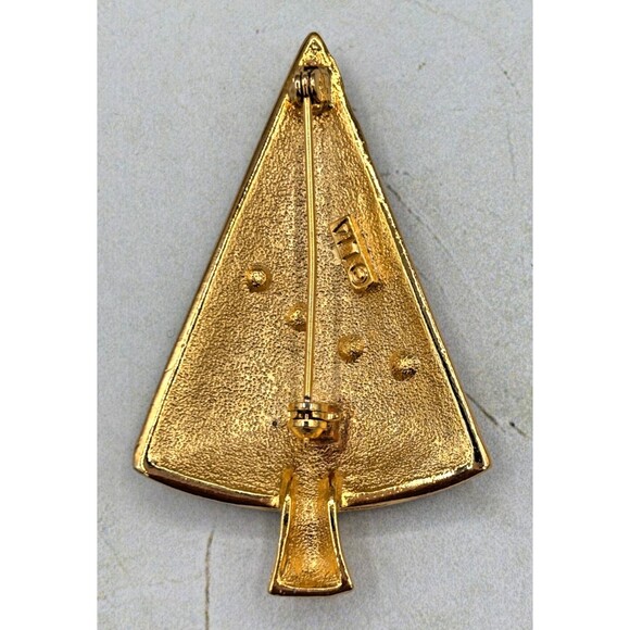 Vintage LIA Signed Christmas Tree Brooch Pin Enamel Green & Red Stones Gold Tone - Picture 2 of 10